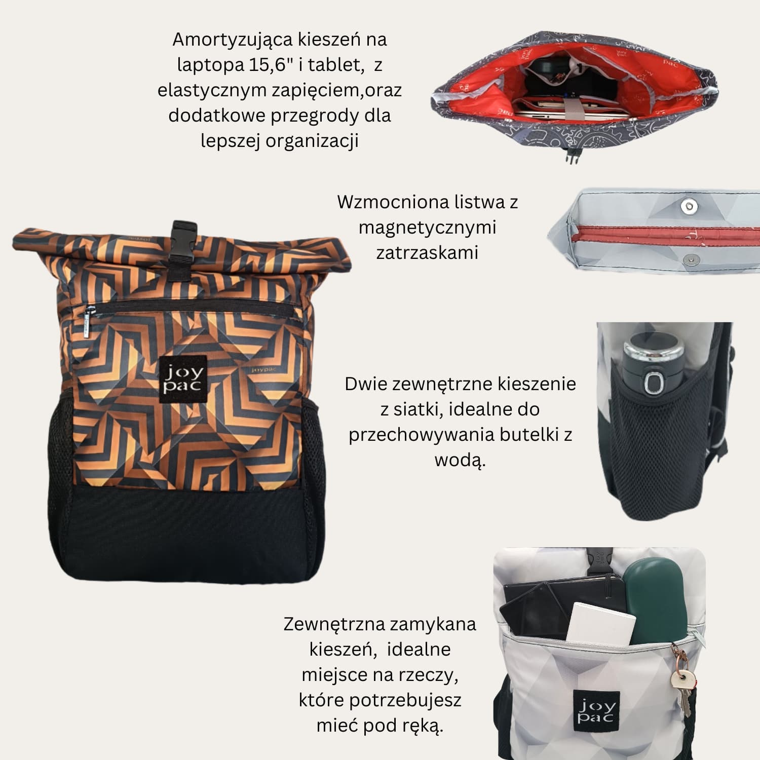Plecak roll top wielofunkcyjny na laptopa JOYPAC Rollbag czarno-złoty