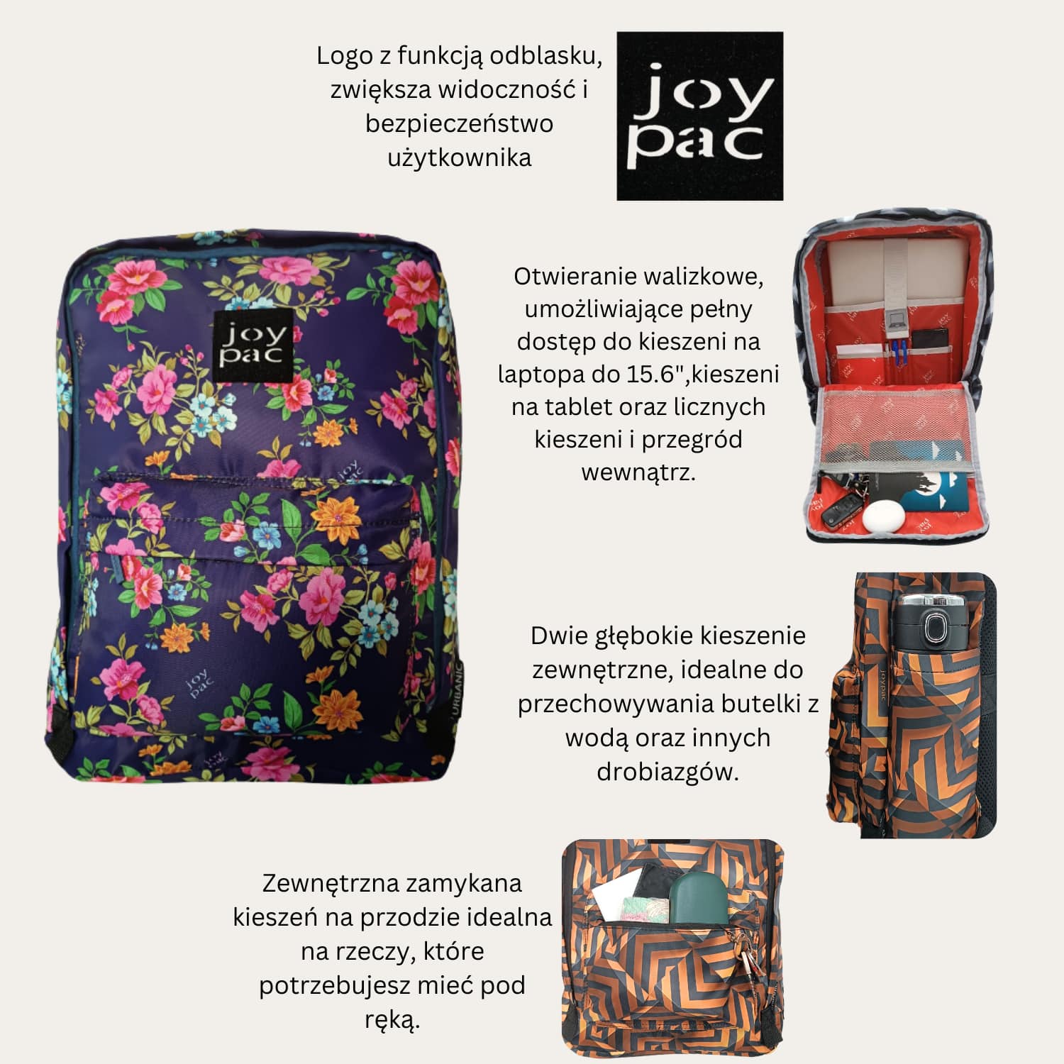 Plecak do samolotu, na laptopa 15.6’ JOYPAC Urbanic kwiatowy