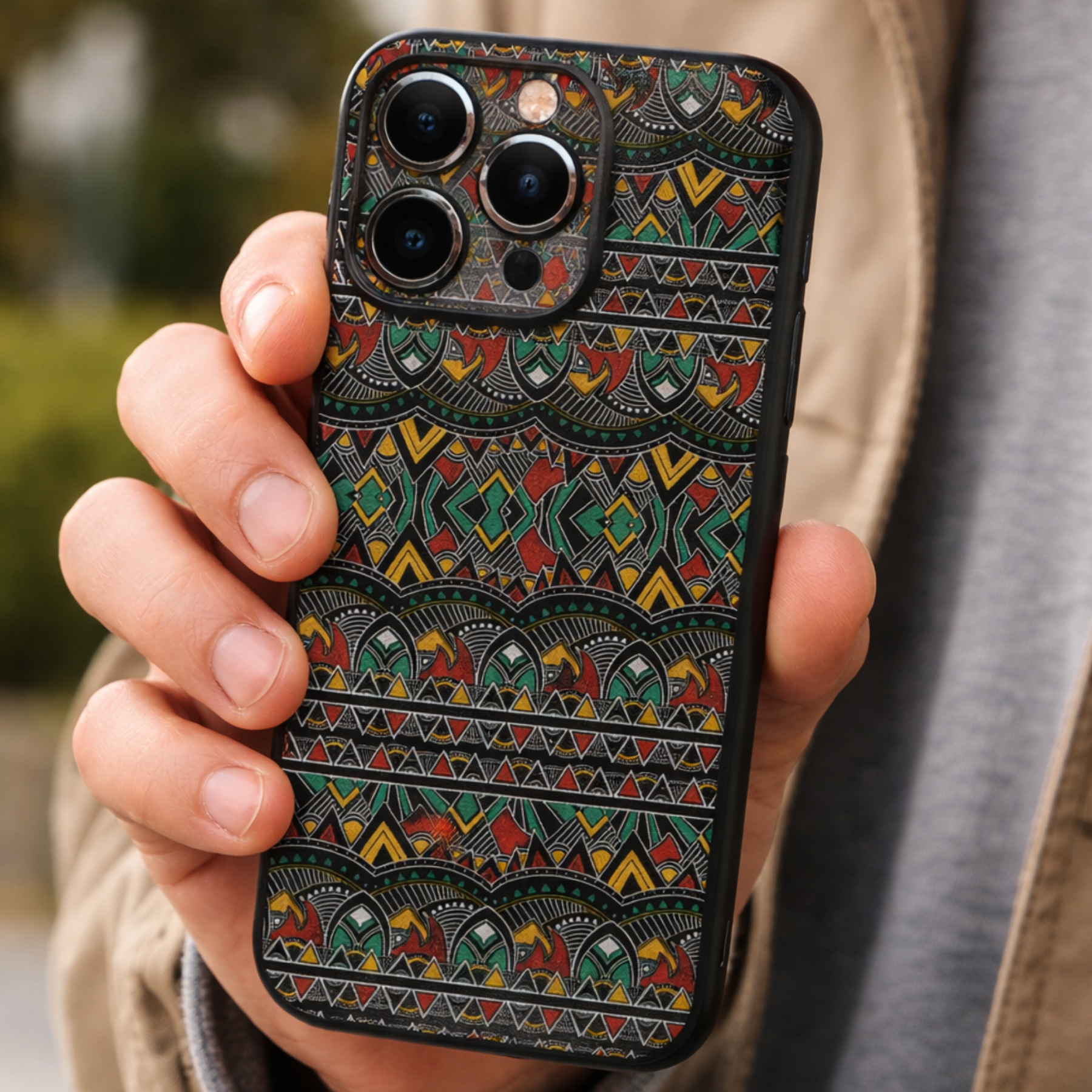 Etui iPhone 15 Pro Max TPU JOYPAC zielone w etnicznym wzorze