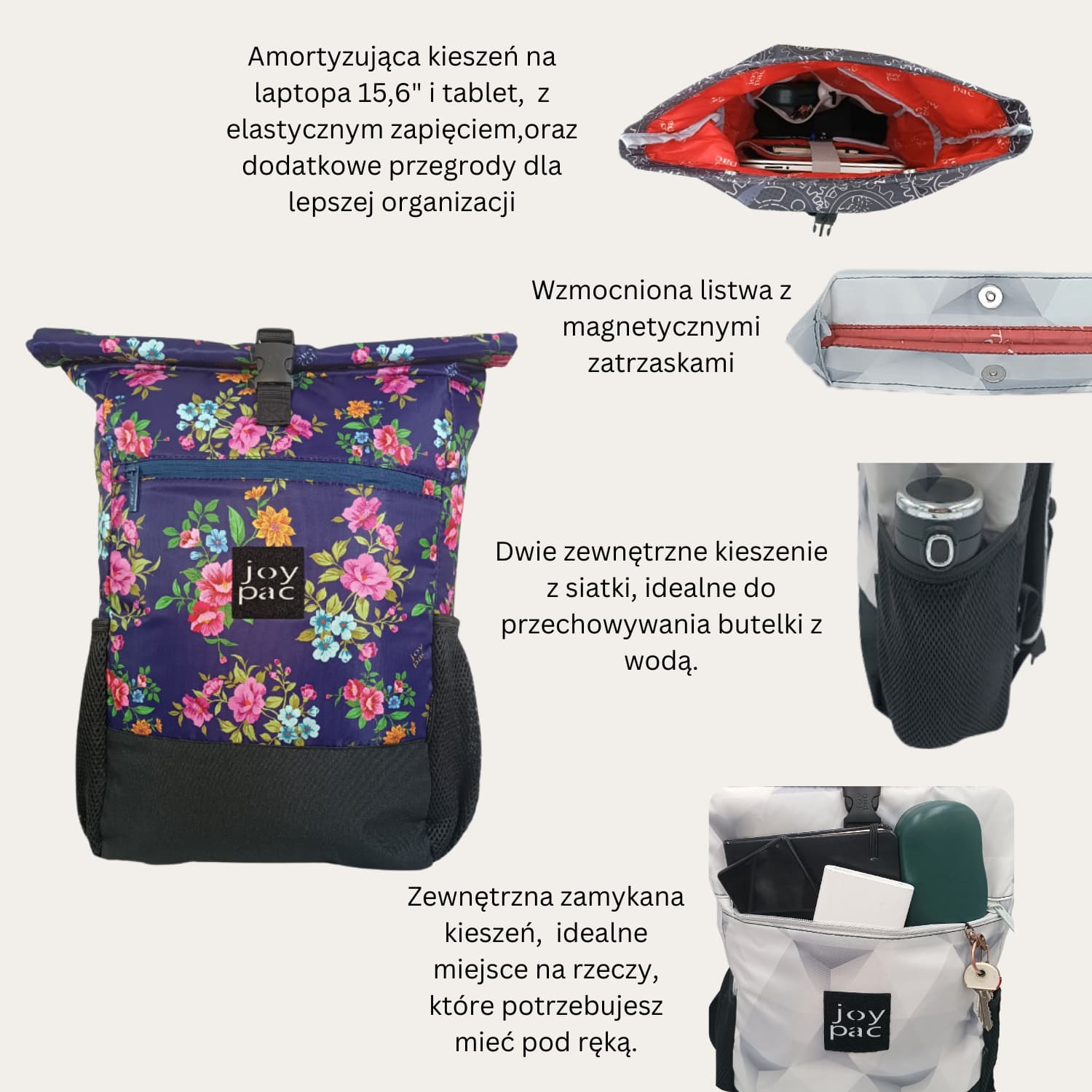 Plecak roll top wielofunkcyjny na laptopa JOYPAC Rollbag kwiatowy