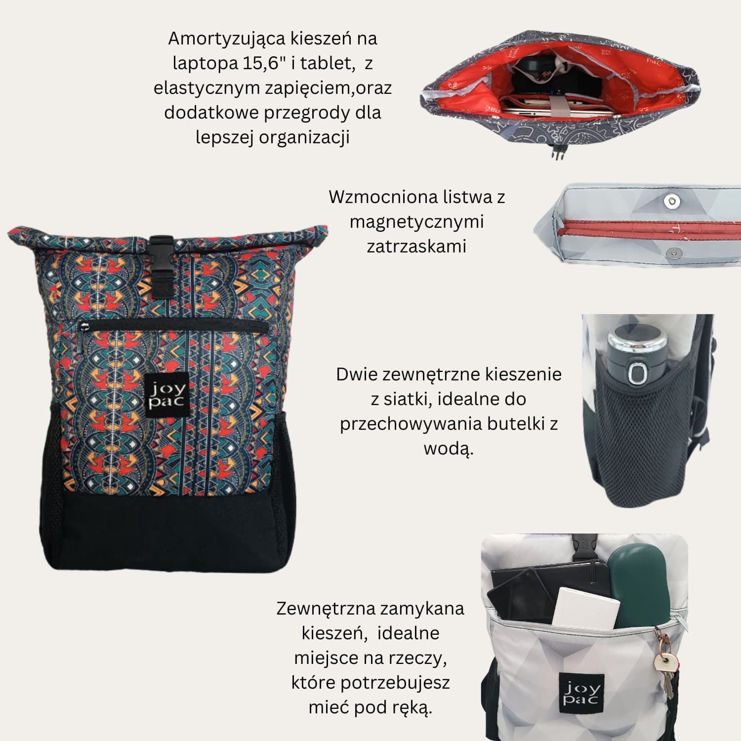 Plecak roll top wielofunkcyjny na laptopa JOYPAC Rollbag etniczny