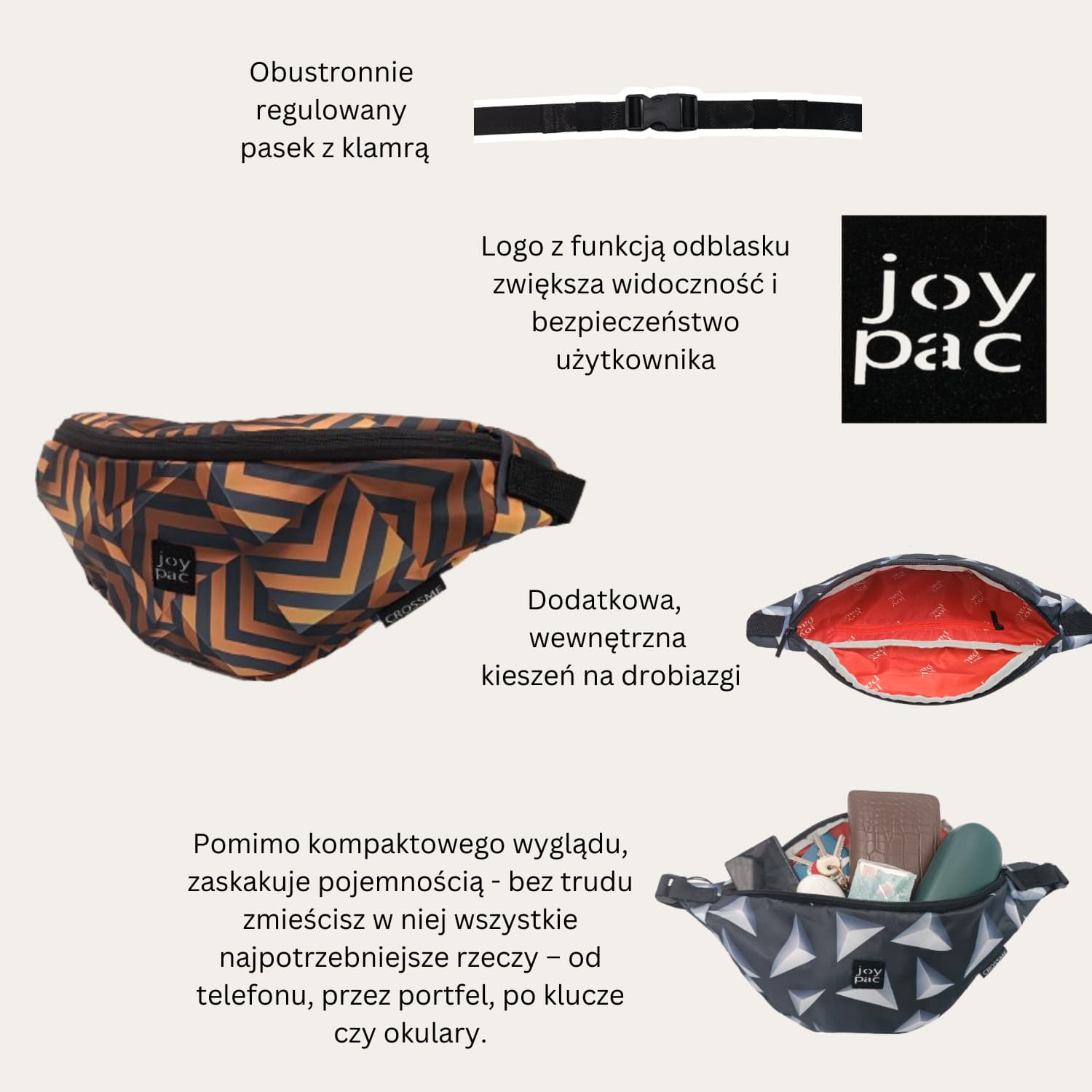 Nerka saszetka JOYPAC Crossme unisex, pojemna, czarno-złota