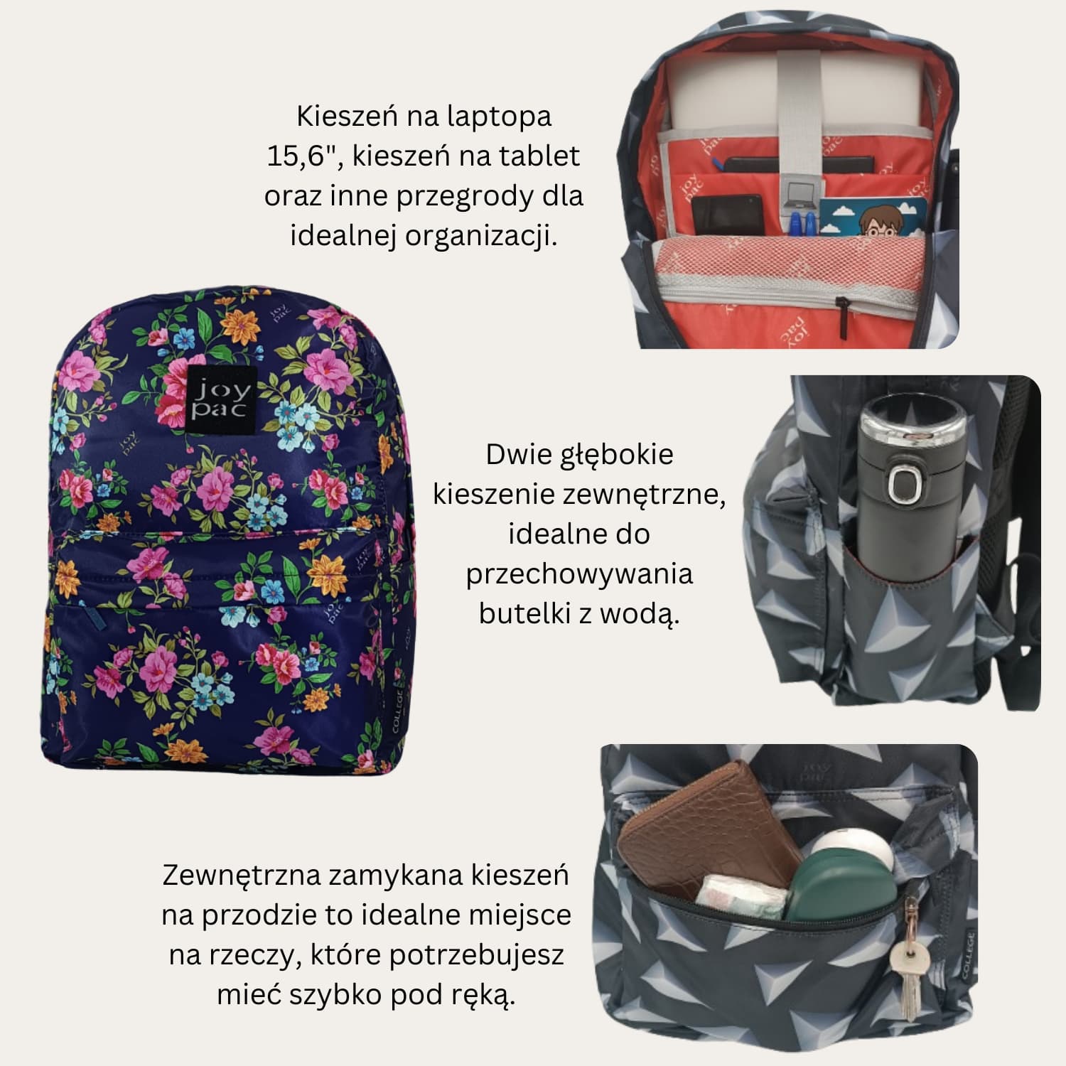 Plecak do samolotu na laptopa 15.6’ JOYPAC College w kwiaty