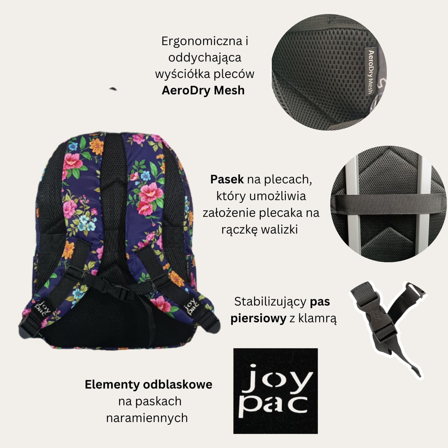 Plecak do samolotu na laptopa 15.6’ JOYPAC College w kwiaty