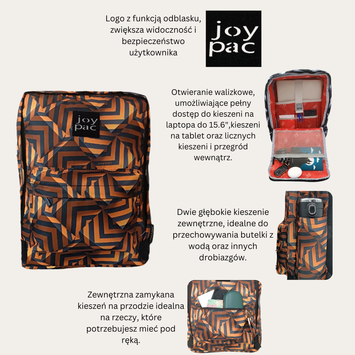 Plecak do samolotu, na laptopa 15.6’ JOYPAC Urbanic czarny złoty